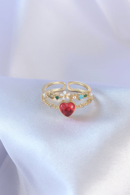 BYK2631 - Gold Renk Kırmızı Zirkon Taş Kalp Model Pirinç Kadın Yüzük