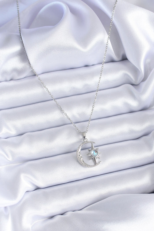 BKO7689 - 316L Çelik Gümüş Renk Zirkon Taşlı Ay Yıldız Model Kadın Kolye