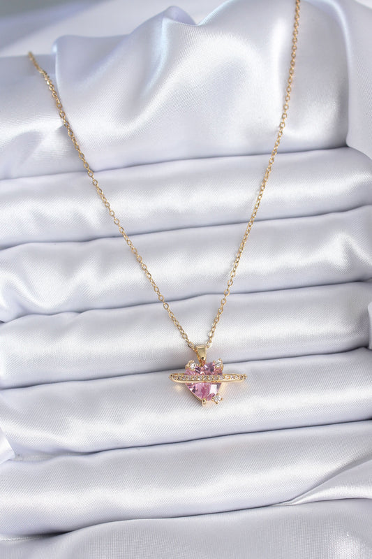 BKO7747 - 316L Çelik Gold Renk Zincir Pembe Kristal Kalp Model Zirkon Taş Detay Kadın Kolye