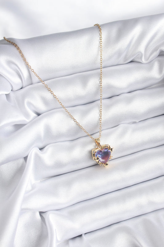 BKO8210 - 316L Çelik Zincir Gold Renk Mor Renk Zirkon Taşlı Kalp Model Kadın Kolye