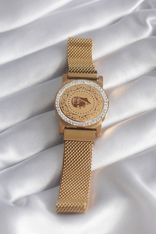 BB5820 - 316L Çelik Gold Renk Mıknatıslı Hasır Zirkon Taşlı Çeyrek Altın Model Kadın Bileklik