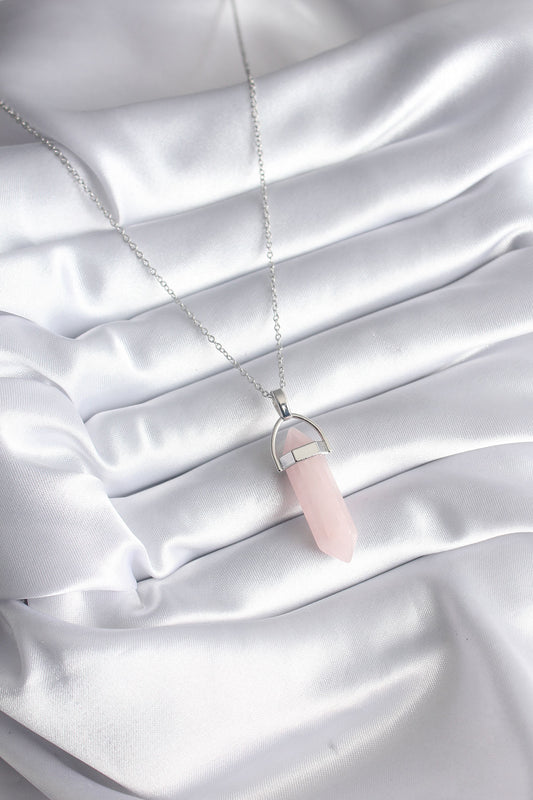 BKO8244 - 316L Çelik Gümüş Renk Pembe Taşlı Kadın Kolye