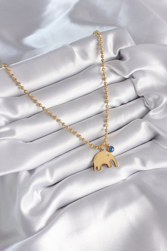 BKO8342 - 316L Çelik Gold Renk Top Zincir Model Fil Figür Nazar Boncuk Detay Kadın Kolye
