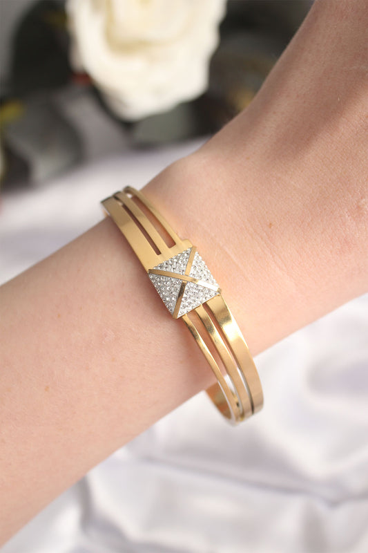 BB6024 - 316L Çelik Zirkon Taşlı Gold Renk Kadın Kelepçe Bilezik