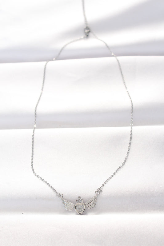 BKO8515 - 316L Çelik Silver Renk Zirkon Taşlı Kalpli Kanat Kolye