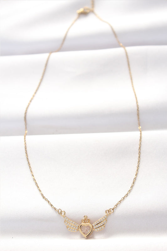 BKO8516 - 316L Çelik Gold Renk Zirkon Taşlı Kalpli Kanat Kolye