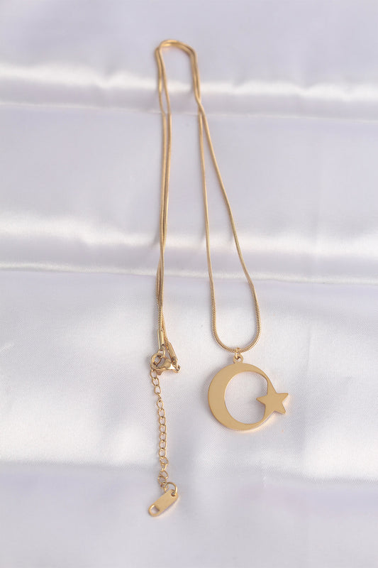 BKO8699 - 316L Çelik Zincir Gold Renk Ay Yıldız Unisex Kolye