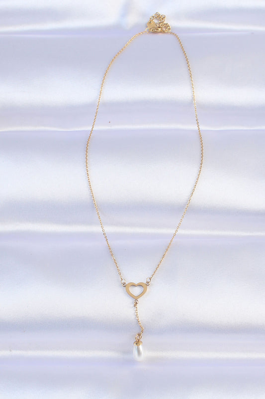 BKO8731 - 316L Çelik Zincir Gold Renk İnci Taş Detay Kalp Kolye