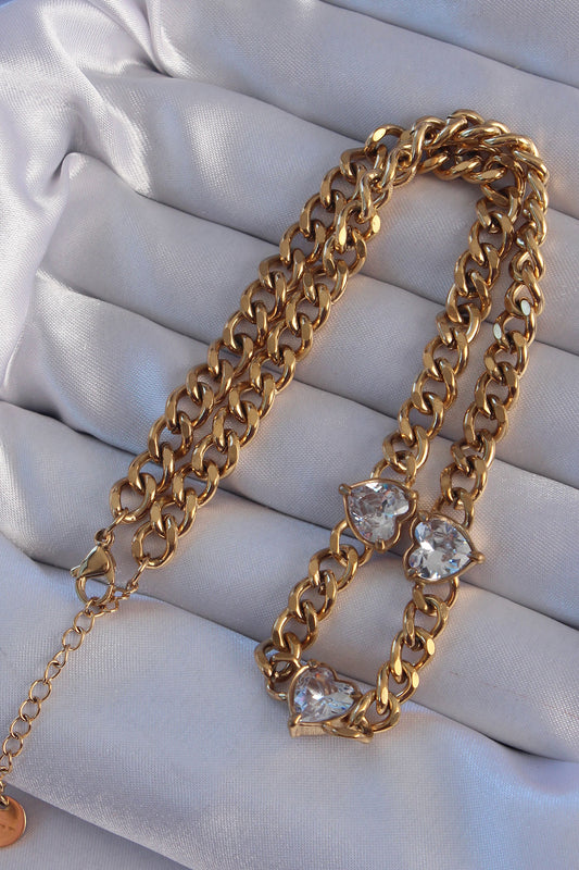 BKO8949 - 316L Çelik Gold Renk Zirkon Taşlı Kalp Model Zincir Kolye