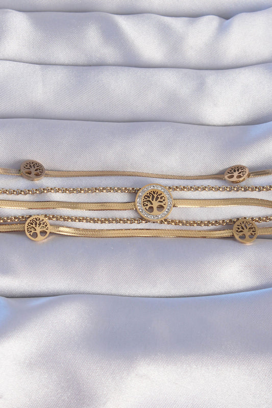 BB6205 - 316L Çelik Gold Renk İtalyan Zincir Detaylı Zirkon Taşlı Yaşam Ağacı Tasarımlı Çoklu Bileklik