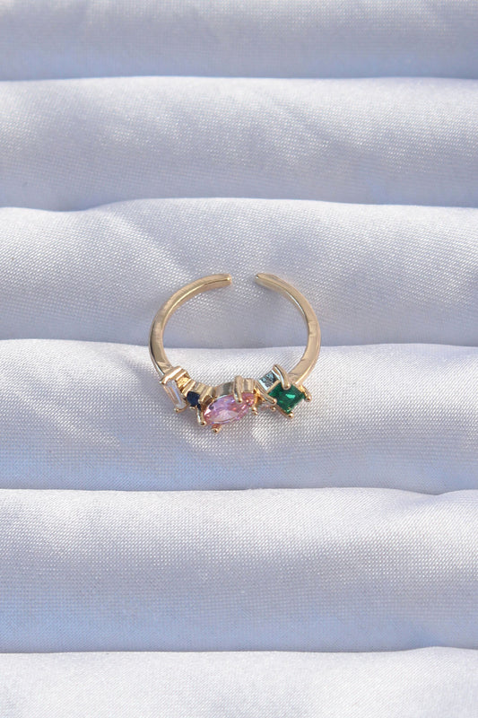 BYK3237 - Pirinç Gold Renk Renkli Zirkon Taşlı Ayarlanabilir Yüzük