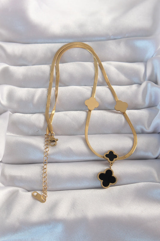 BKO8969 - 316L Çelik Gold Renk İtalyan Zincirli Mineli Yonca Kolye