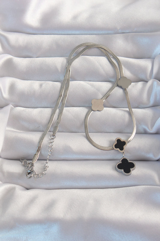 BKO8970 - 316L Çelik Gümüş Renk İtalyan Zincirli Mineli Yonca Kolye