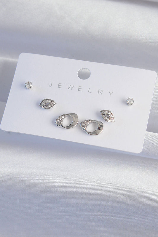 BKP9324 - Pirinç Gümüş Renk Zirkon Taşlı Yaprak Model Küpe Seti