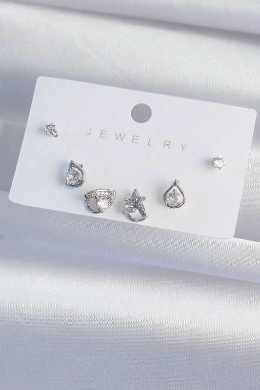 BKP9320 - Pirinç Gümüş Renk Zirkon Taşlı Damla Model Küpe Seti