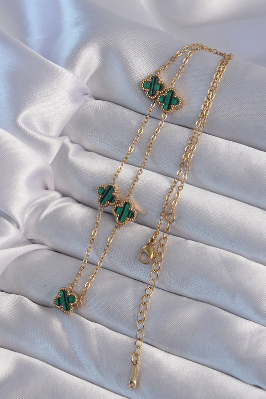 BKO9000 - 316L Çelik Gold Renk Minimal Yeşil Mineli Yonca Kolye