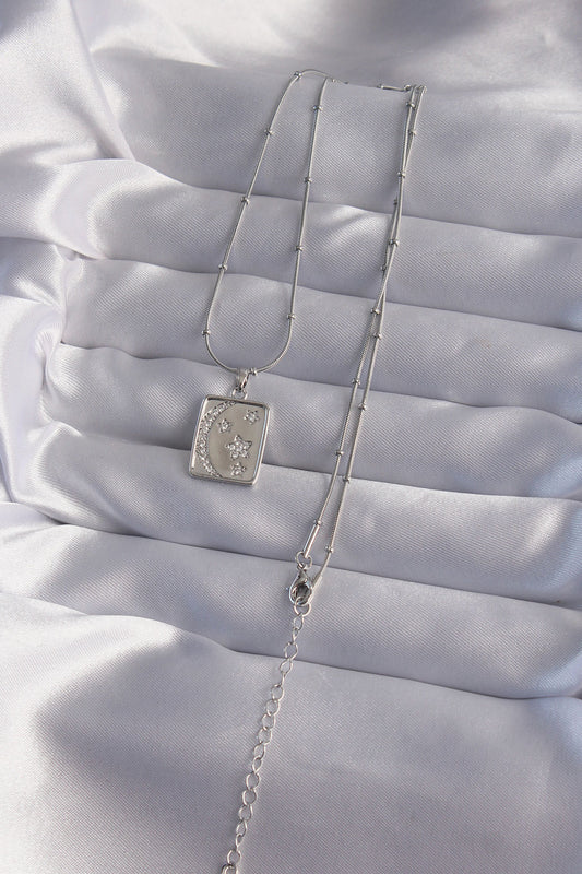 BKO9022 - 316L Çelik Zincir Gümüş Renk Zirkon Taşlı Ay Yıldız Figürlü Tarot Kolye