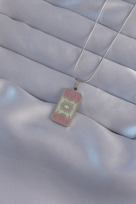 BKO9045 - 316L Çelik Gümüş Renk Pembe Mineli Ay Figür Tarot Kolye