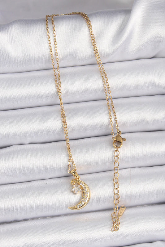 BKO9061 - 316L Çelik Zincir Altın Renk Zirkon Taşlı Sallantılı Ay Yıldız Kolye