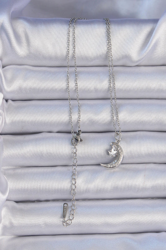 BKO9062 - 316L Çelik Zincir Gümüş Renk Zirkon Taşlı Sallantılı Ay Yıldız Kolye