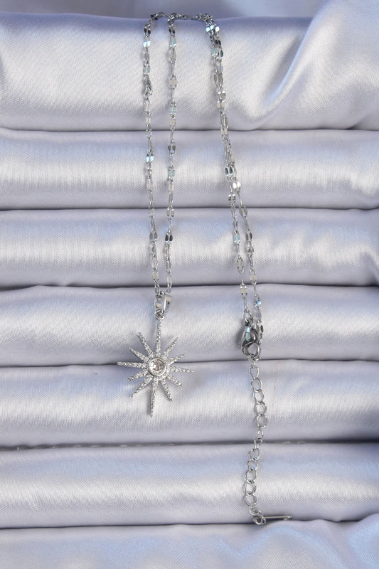 BKO9064 - 316L Çelik Zincir Gümüş Renk Zirkon Taşlı Kutup Yıldızı Kolye