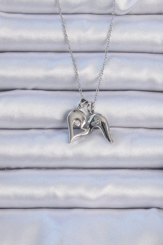 BKO9082 - 316L Çelik Zincir Gümüş Renk Zirkon Taşlı Mıknatıslı Kalp Kolye