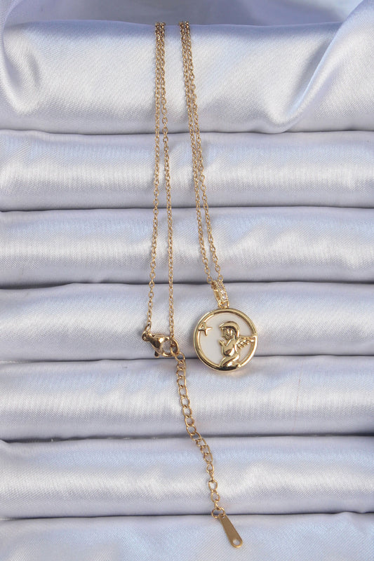 BKO9085 - 316L Çelik Zincir Altın Renk Zirkon Taşlı Mineli Melek Kolye