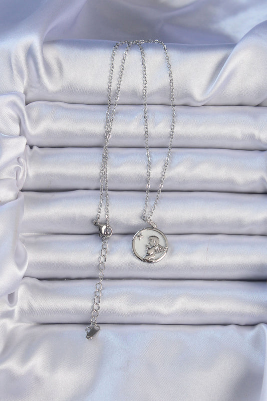 BKO9086 - 316L Çelik Zincir Gümüş Renk Zirkon Taşlı Mineli Melek Kolye