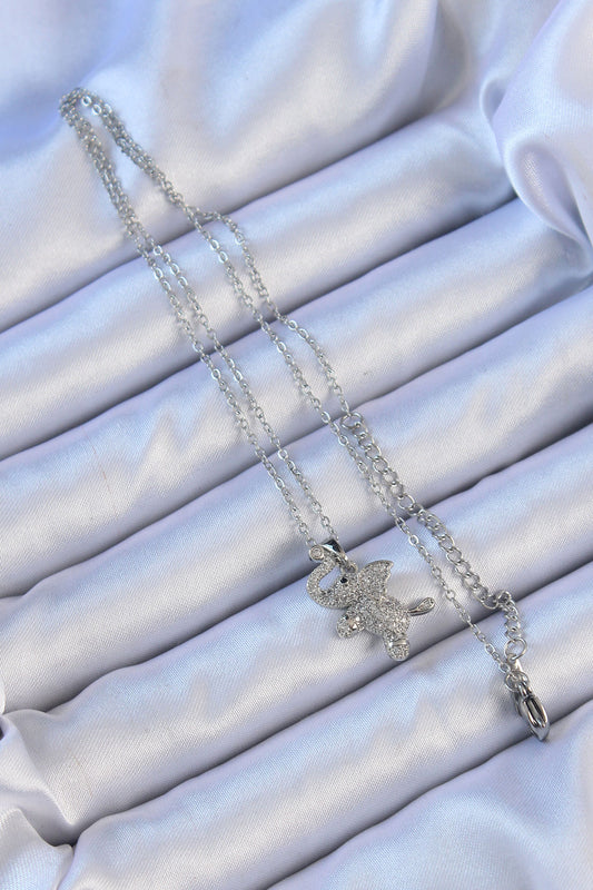 BKO9092 - 316L Çelik Zincir Gümüş Renk Zirkon Taşlı Fil Kolye