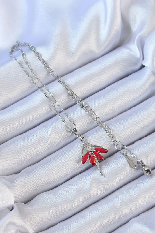 BKO9100 - 316L Çelik Zincir Gümüş Renk Kırmızı Etekli Zirkon Taşlı Balerin Kolye