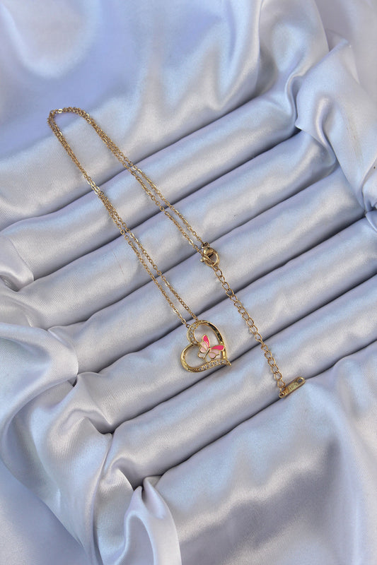 BKO9107 - 316L Çelik Zincir Altın Renk Mineli Kelebek Figür Zirkon Taşlı Kalp Kolye