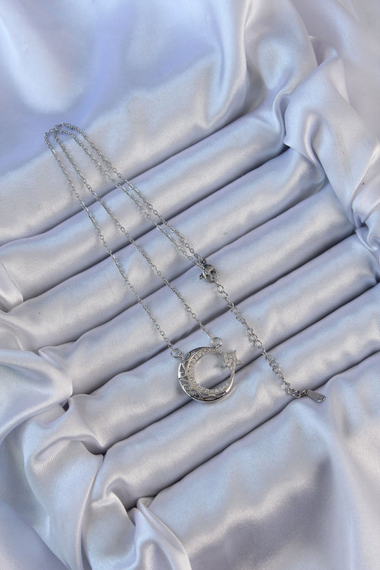 BKO9116 - 316L Çelik Zincir Gümüş Renk Zirkon Taşlı Motifli Ay Yıldız Kolye