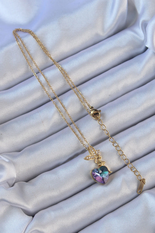 BKO9127 - 316L Çelik Zincir Altın Renk Mor Mavi Renk Zirkon Taşlı Kalp Detay Peri Kolye