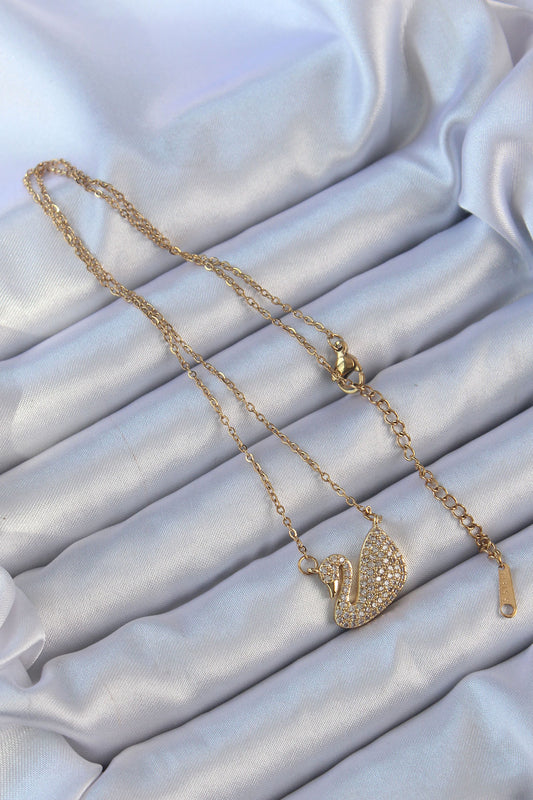 BKO9149 - 316L Çelik Zincir Altın Renk Zirkon Taşlı Kuğu Kolye