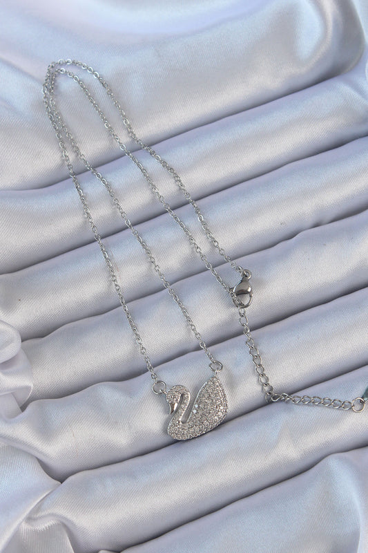 BKO9150 - 316L Çelik Zincir Gümüş Renk Zirkon Taşlı Kuğu Kolye