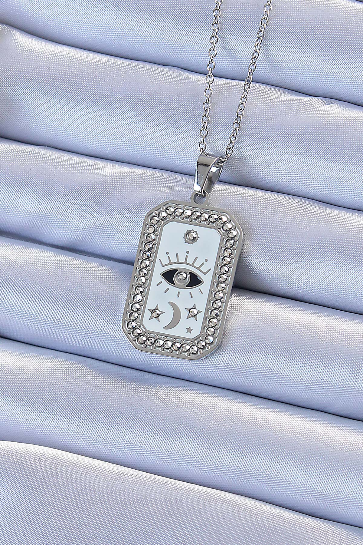 BKO9214 - 316L Çelik Zincir Gümüş Renk Mineli Zirkon Taşlı Göz Figür Tarot Kolye