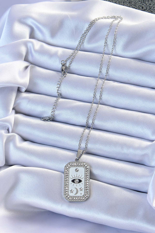 BKO9214 - 316L Çelik Zincir Gümüş Renk Mineli Zirkon Taşlı Göz Figür Tarot Kolye