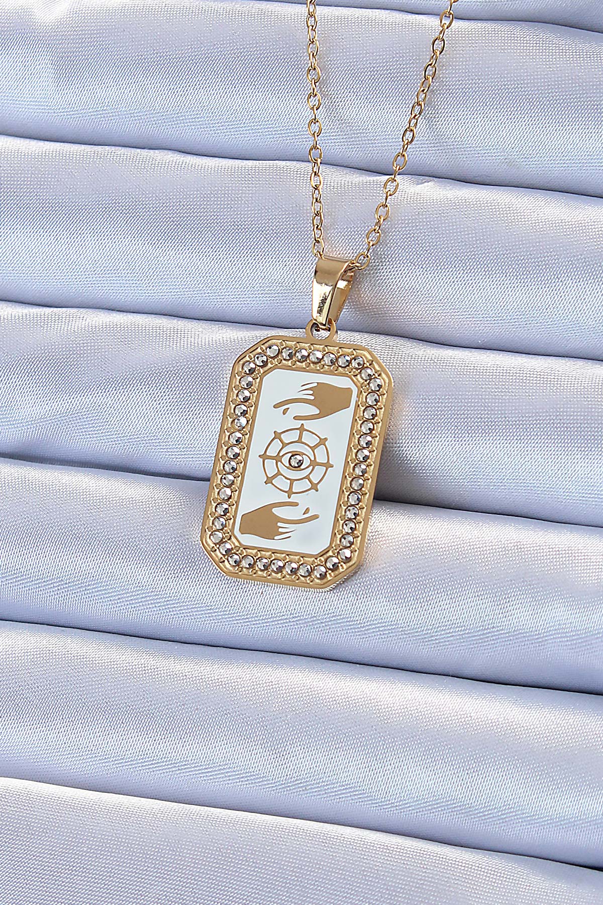 BKO9217 - 316L Çelik Zincir Altın Renk Mineli Zirkon Taşlı Göz Figür Tarot Kolye
