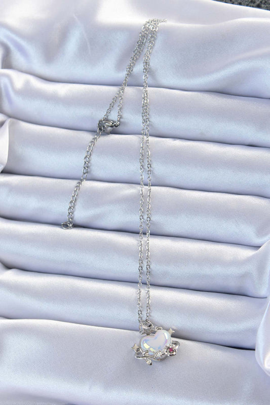 BKO9218 - 316L Çelik Zincir Gümüş Renk Zirkon Taşlı Gezegen Görünümlü Kalp Kolye