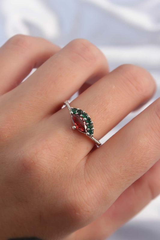 BYK3294 - Pirinç Gümüş Renk Renkli Zirkon Taşlı Ayarlanabilir Karpuz Model Yüzük