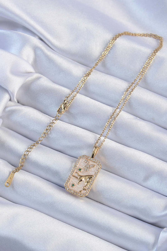 BKO9235 - 316L Çelik Zincir Altın Renk Zirkon Taşlı Boğa Figürlü Tarot Kolye