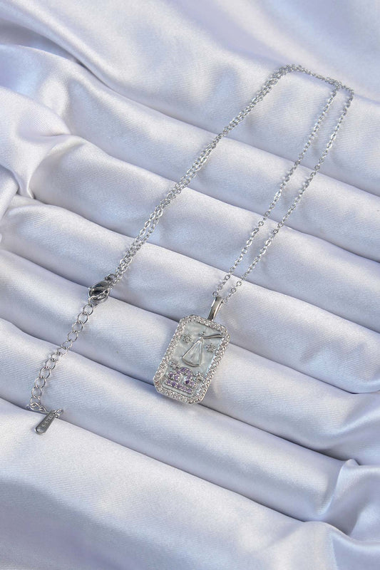 BKO9238 - 316L Çelik Zincir Gümüş Renk Lila Zirkon Taşlı Tarot Kolye