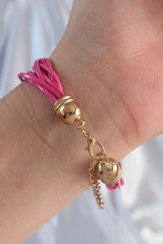 BB6342 - Pembe Renk Zirkon Taşlı İpli Çoklu Bileklik