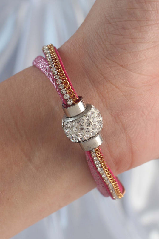 BB6343 - Pembe Renk Zirkon Taşlı Püskül Detay Deri Çoklu Bileklik