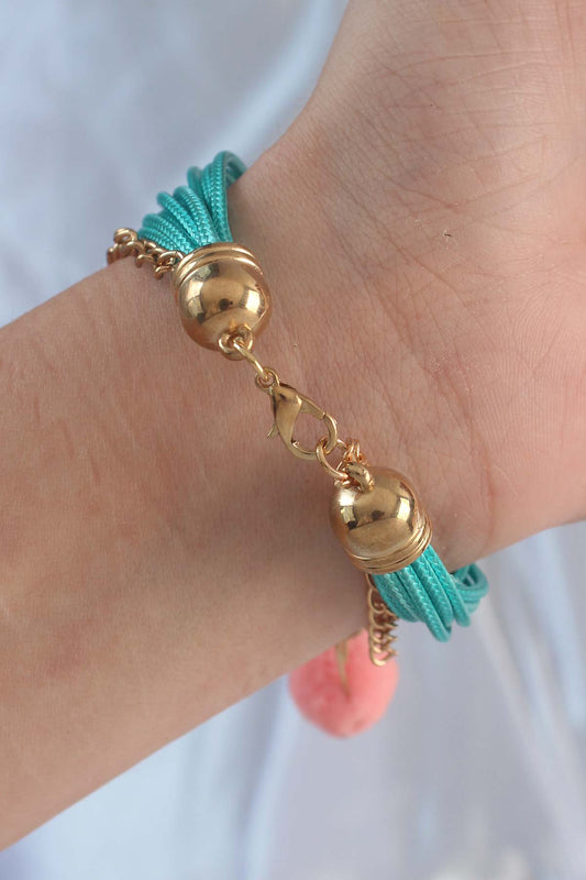 BB6346 - Turkuaz Renk Kar Tanesi Figür Zincir Detay İpli Çoklu Bileklik