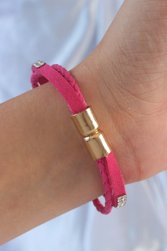 BB6352 - Pembe Renk Zirkon Taşlı Deri Çoklu Bileklik