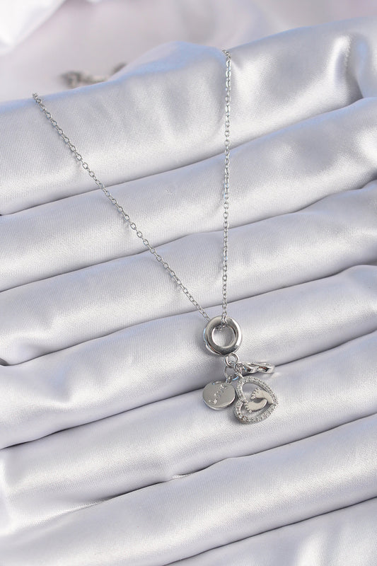 BKO9305 - 316L Çelik Gümüş Renk Zirkon Taş Detay Kalp Model Charm Kadın Kolye