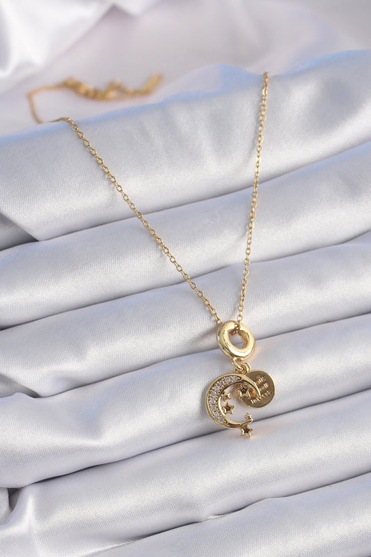 BKO9312 - 316L Çelik Gold Renk Zirkon Taşlı Ay Yıldız Model Charm Model Kadın Kolye