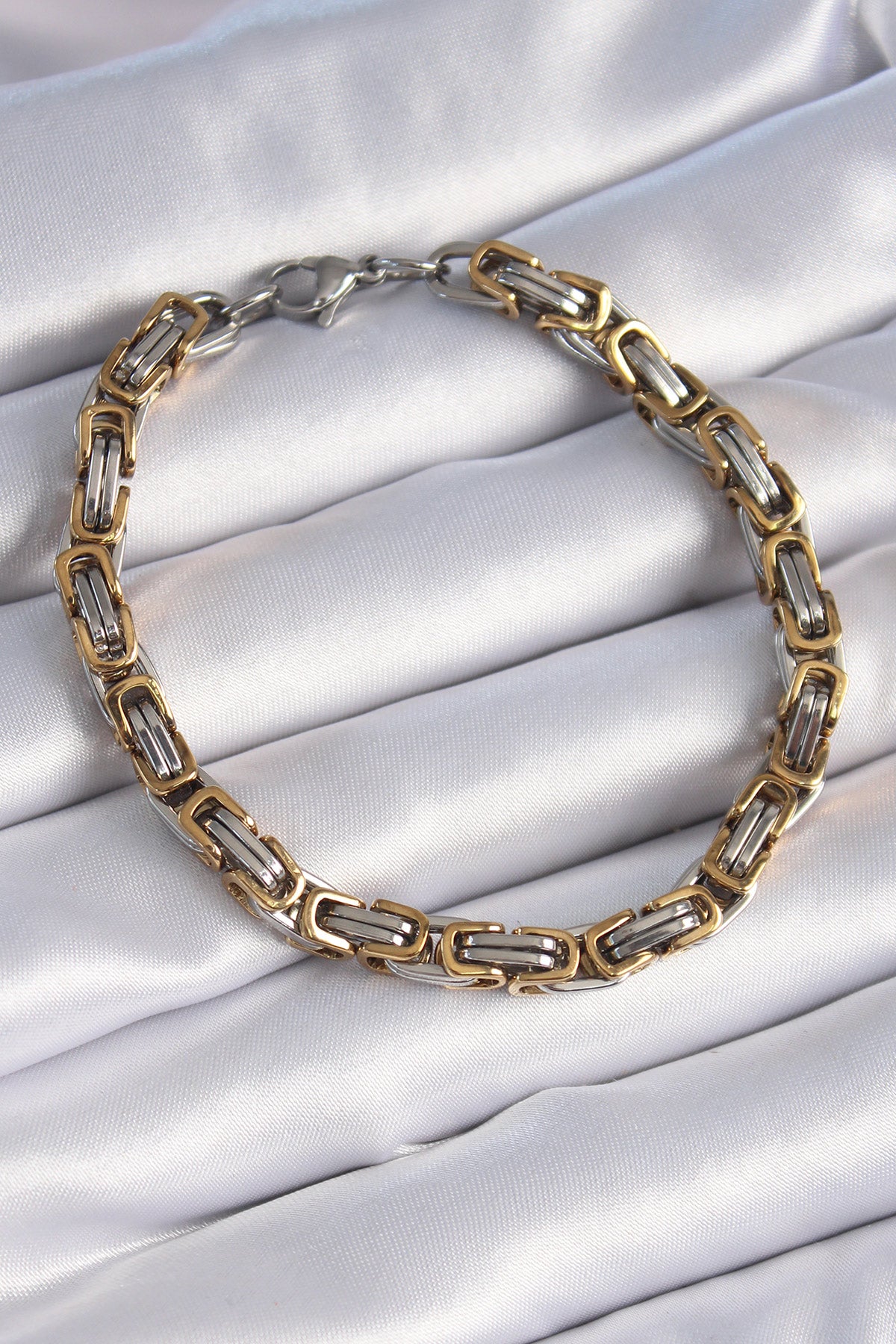 316L Çelik Gümüş Gold Renk Kral Zincir Model Erkek Bileklik - EB3695
