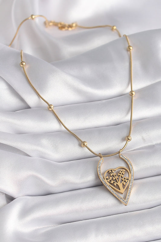 BKO9405 - 316L Çelik Gold Renk Zirkon Taşlı Detaylı Kalp Fidan Model Kadın Kolye